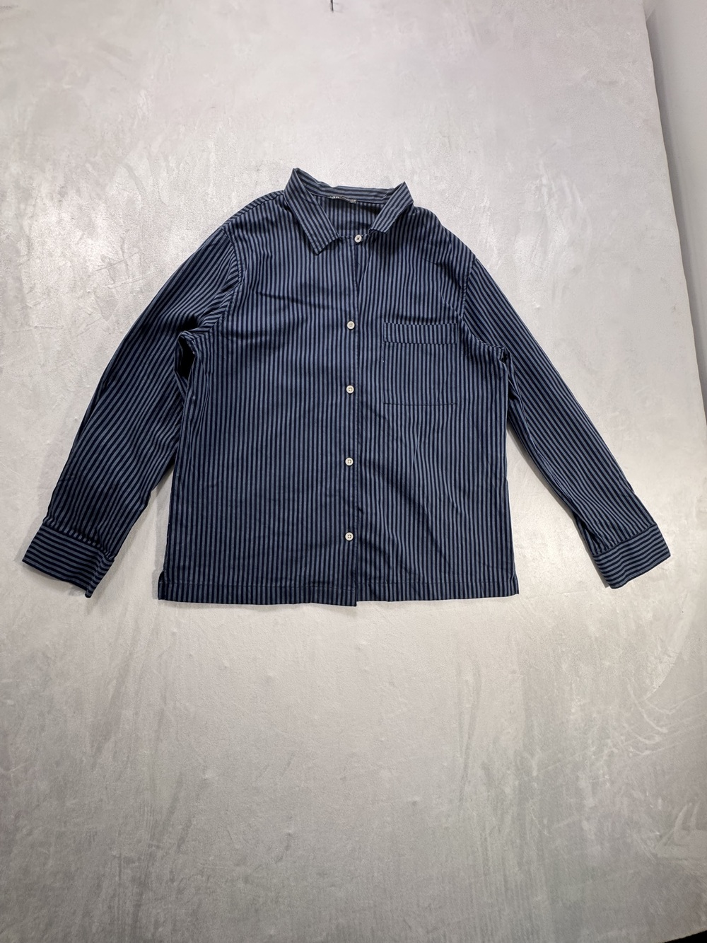 Women's Oversize Striped Long Sleeve Button Down Shirt Navy Blue